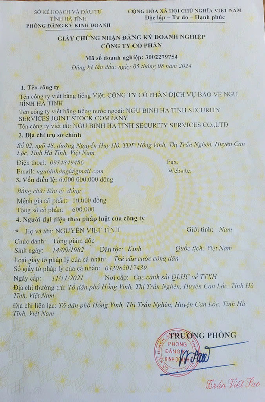 Chứng nhận, chứng chỉ - Dịch Vụ Bảo Vệ Ngự Bình Hà Tĩnh - Công Ty Cổ Phần Dịch Vụ Bảo Vệ Ngự Bình Hà Tĩnh